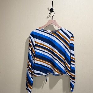 Primark Size Large Women’s Blue and Brown Striped Long Sleeve Cropped Top